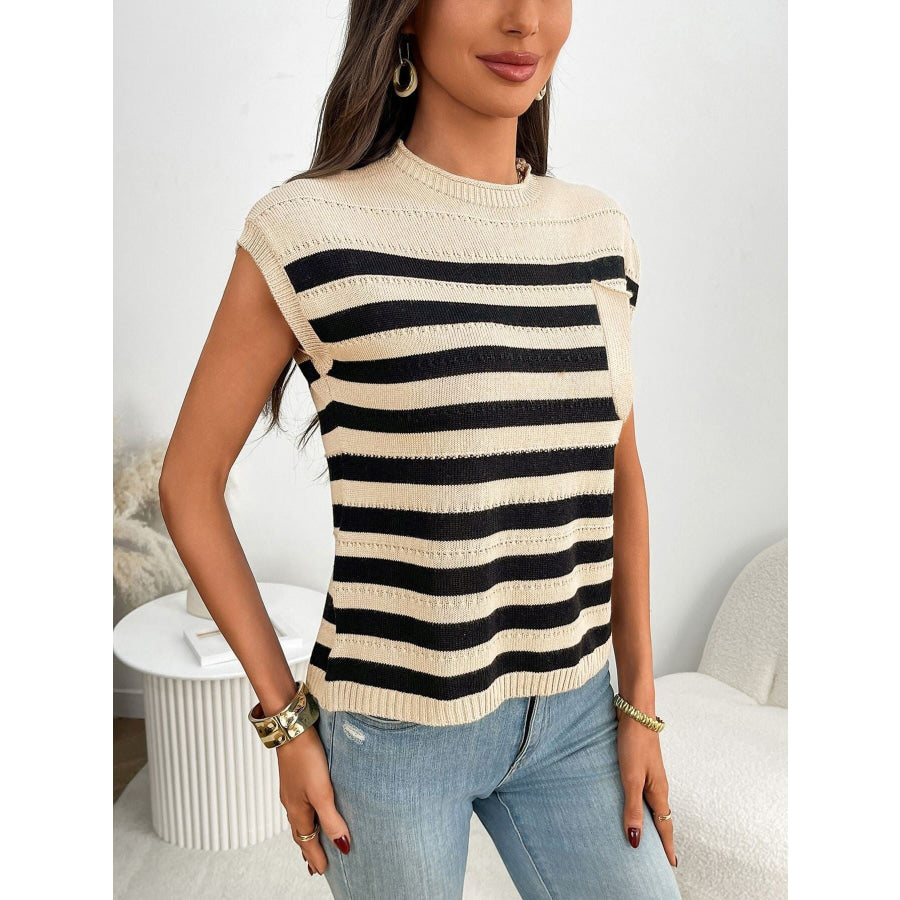 Striped Knit Pocket Detail Cap Sleeve Sweater Apparel and Accessories