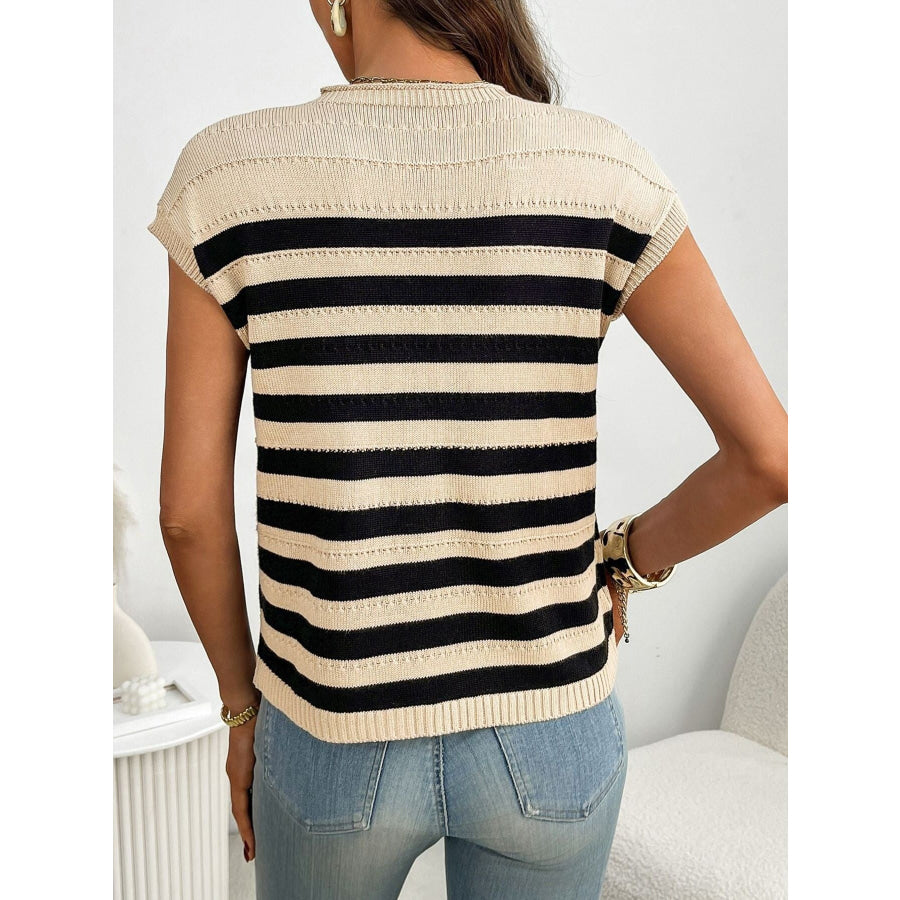Striped Knit Pocket Detail Cap Sleeve Sweater Apparel and Accessories