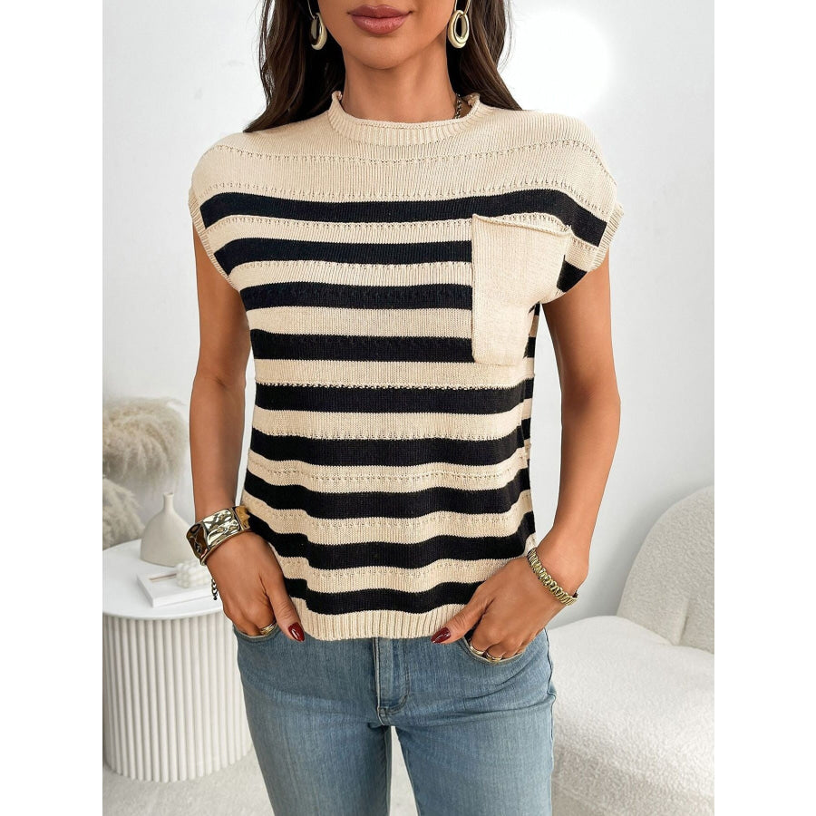 Striped Knit Pocket Detail Cap Sleeve Sweater Apparel and Accessories