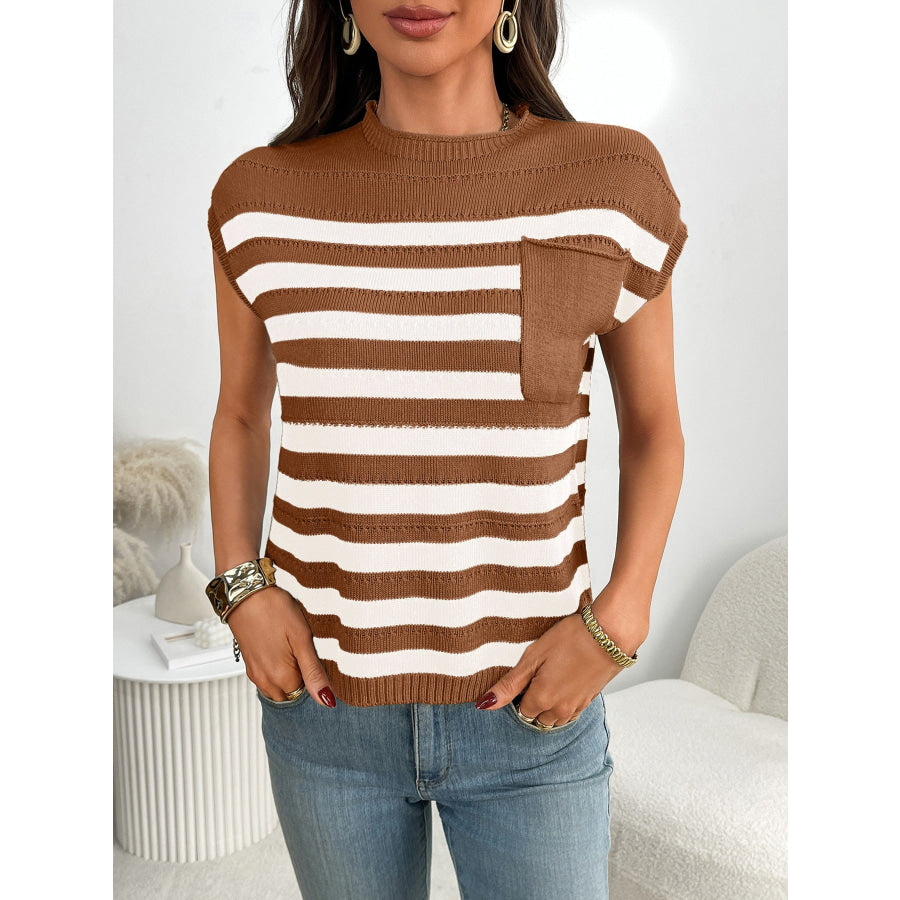 Striped Knit Pocket Detail Cap Sleeve Sweater Apparel and Accessories
