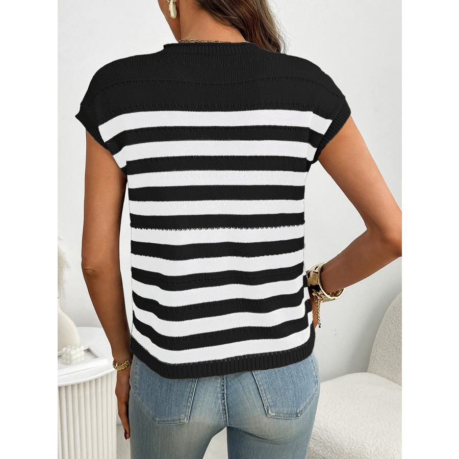 Striped Knit Pocket Detail Cap Sleeve Sweater Apparel and Accessories