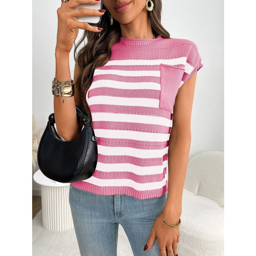 Striped Knit Pocket Detail Cap Sleeve Sweater Apparel and Accessories