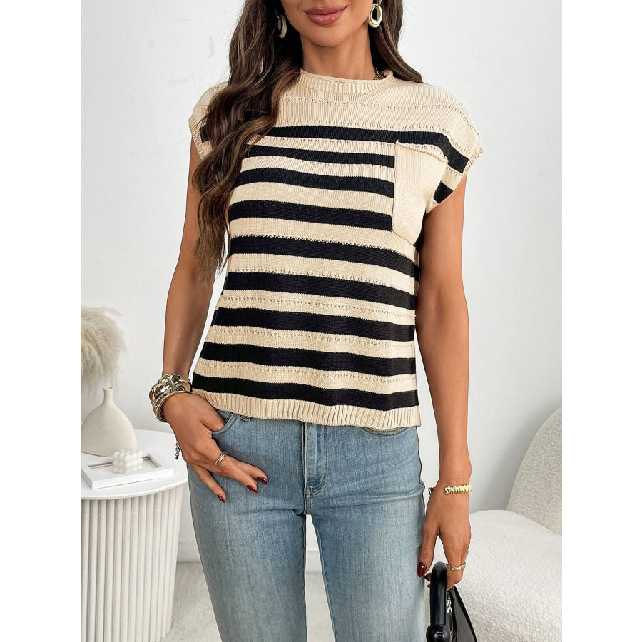 Striped Knit Pocket Detail Cap Sleeve Sweater Apparel and Accessories