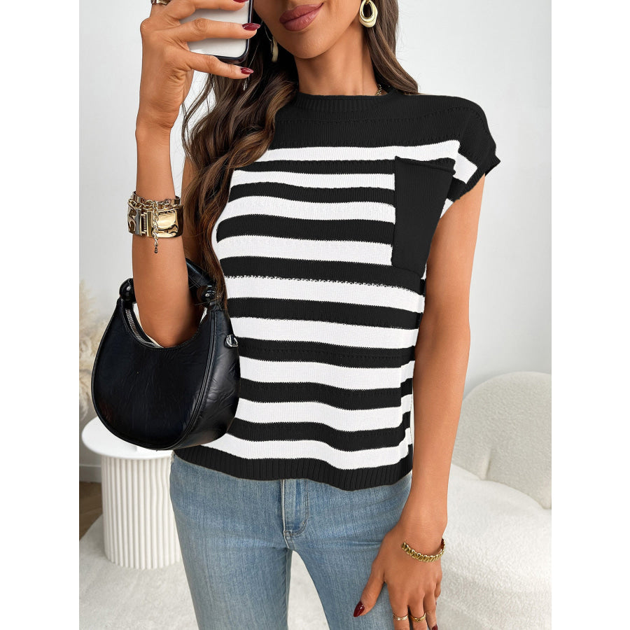 Striped Knit Pocket Detail Cap Sleeve Sweater Apparel and Accessories