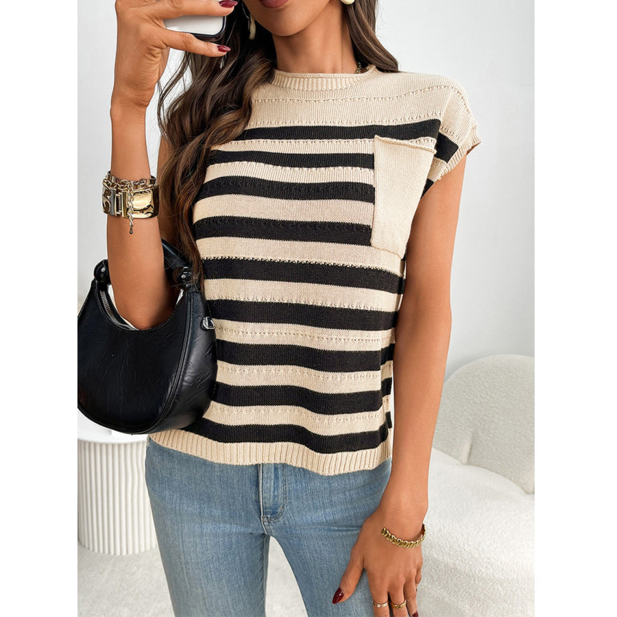 Striped Knit Pocket Detail Cap Sleeve Sweater Apparel and Accessories