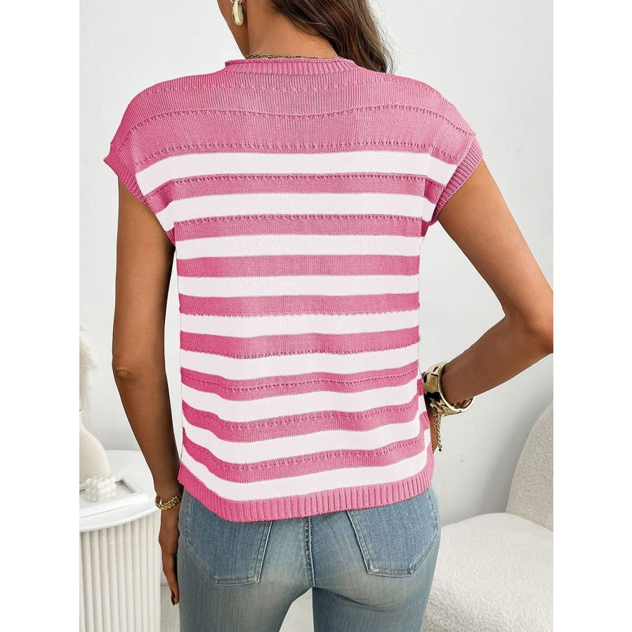 Striped Knit Pocket Detail Cap Sleeve Sweater Apparel and Accessories