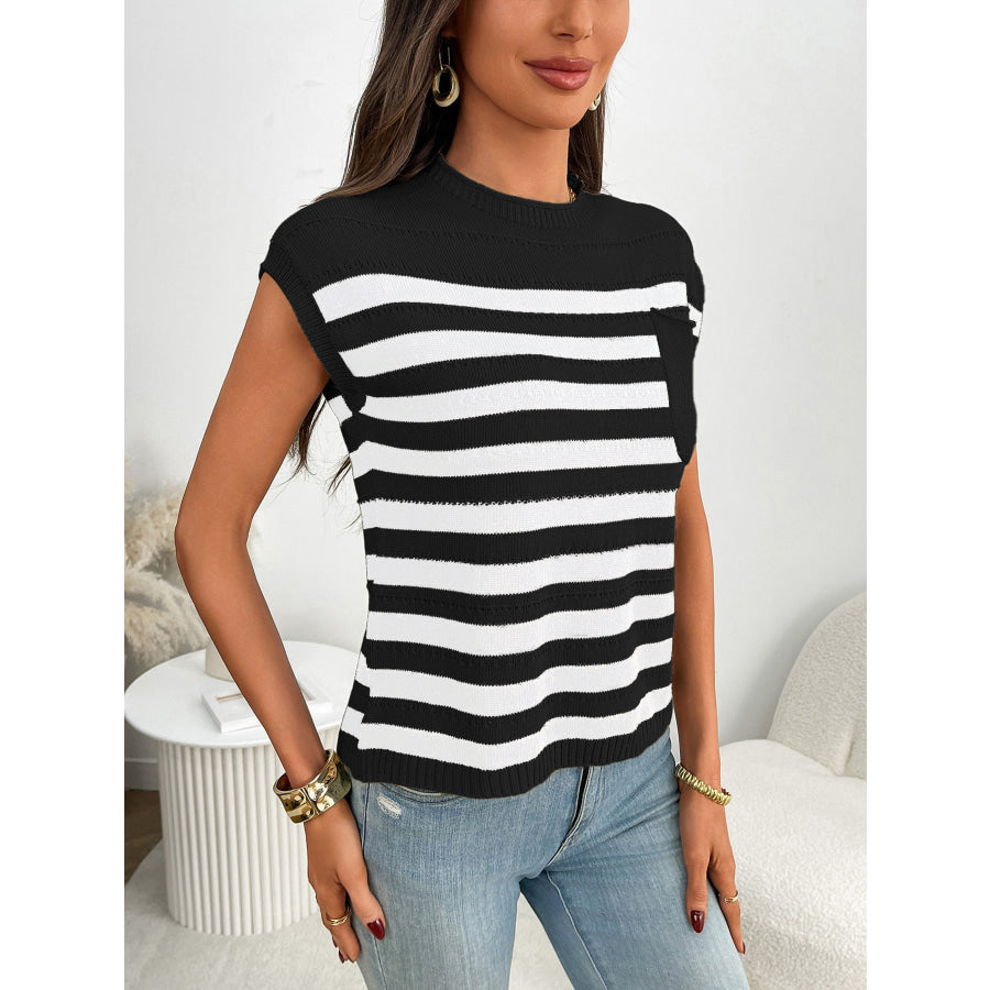 Striped Knit Pocket Detail Cap Sleeve Sweater Black / S Apparel and Accessories