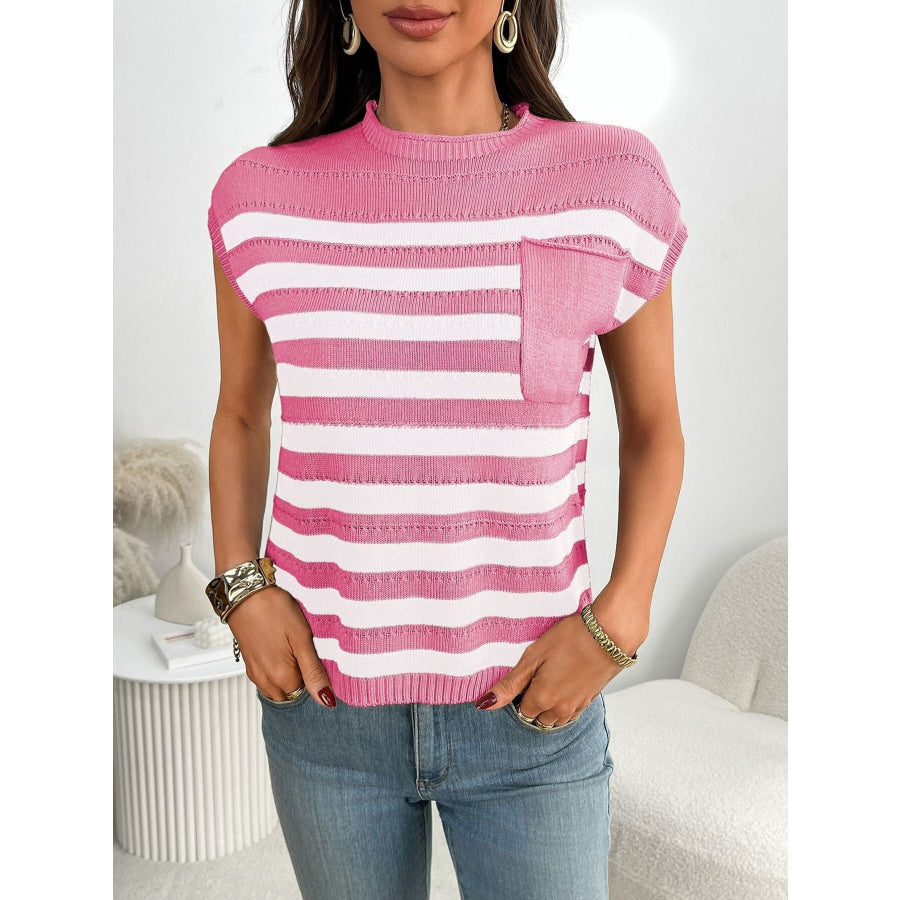 Striped Knit Pocket Detail Cap Sleeve Sweater Pink / S Apparel and Accessories