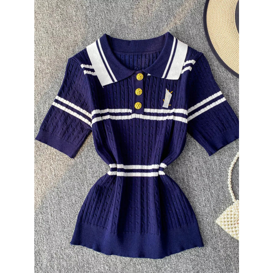 Striped Knit Polo Collar Top Blue / One Size Apparel and Accessories