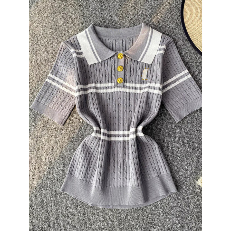 Striped Knit Polo Collar Top Grey / One Size Apparel and Accessories