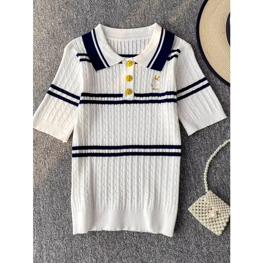 Striped Knit Polo Collar Top White / One Size Apparel and Accessories