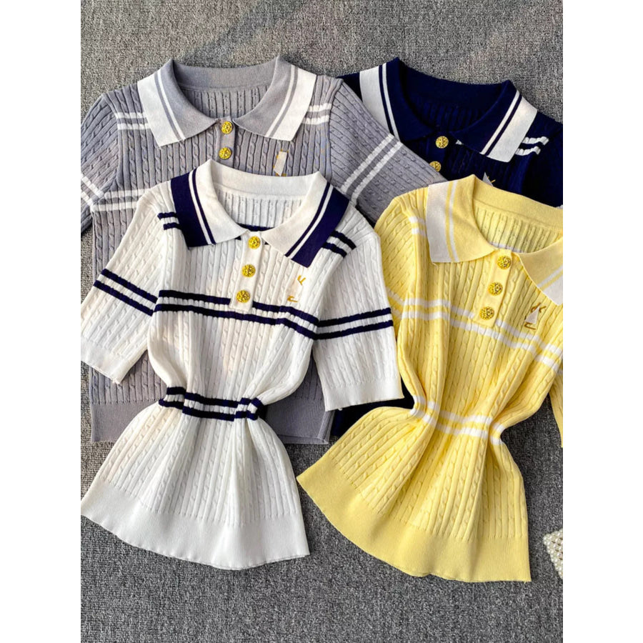 Striped Knit Polo Collar Top Yellow / One Size Apparel and Accessories