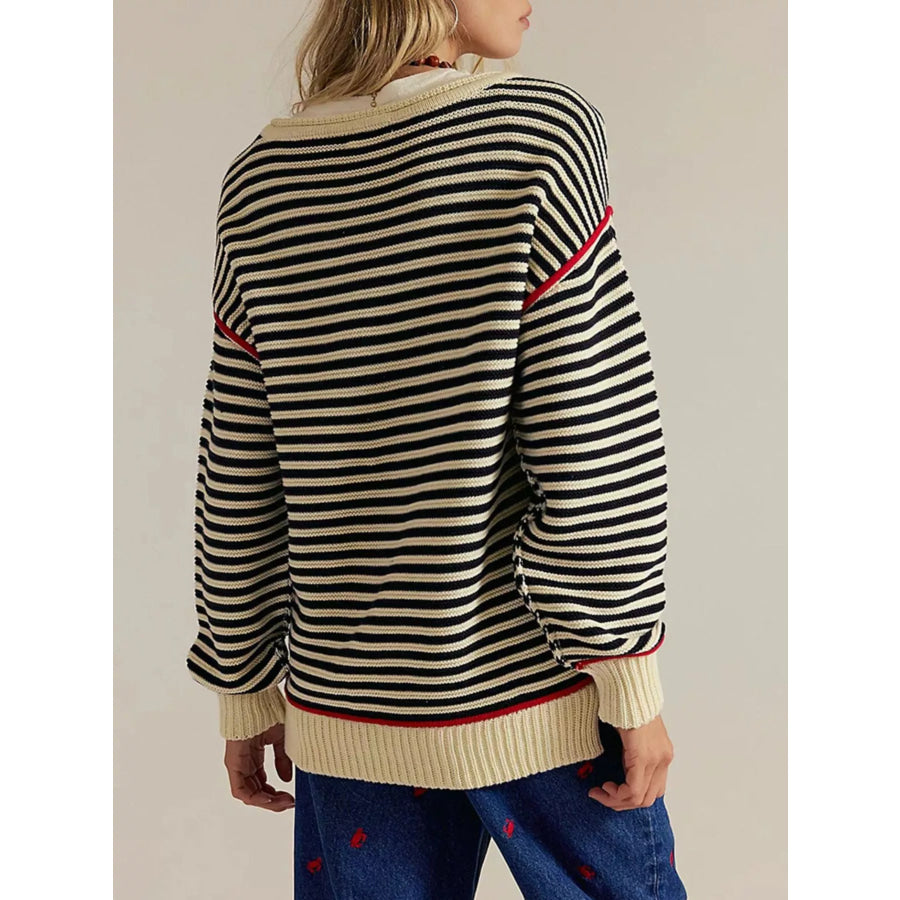 Striped Knit Round Neck Sweater Apparel and Accessories