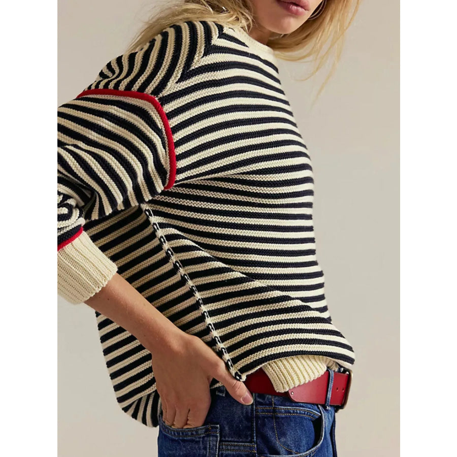 Striped Knit Round Neck Sweater Apparel and Accessories