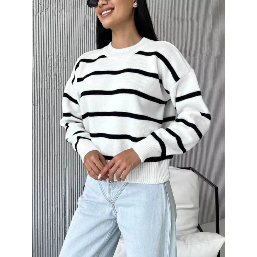 Striped Knit Round Neck Sweater Apparel and Accessories