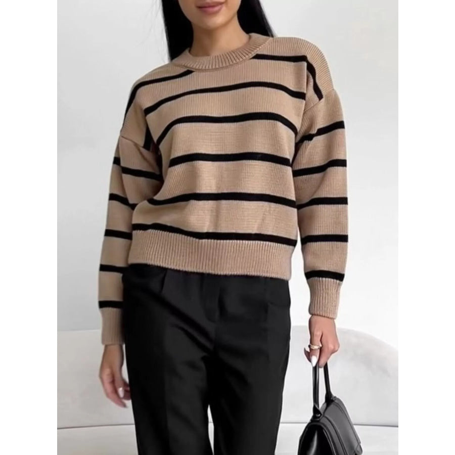 Striped Knit Round Neck Sweater Apparel and Accessories