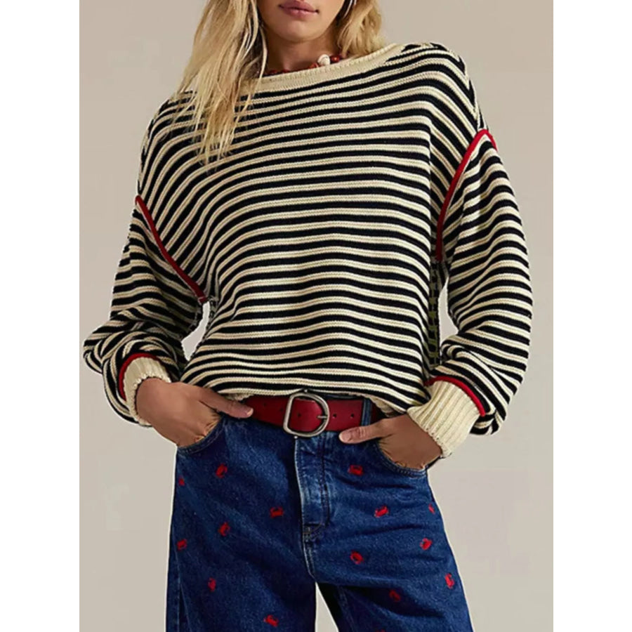 Striped Knit Round Neck Sweater Apparel and Accessories