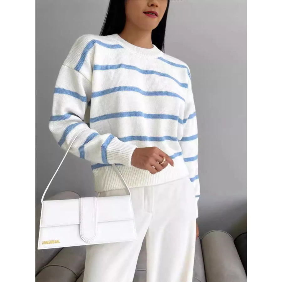 Striped Knit Round Neck Sweater Apparel and Accessories