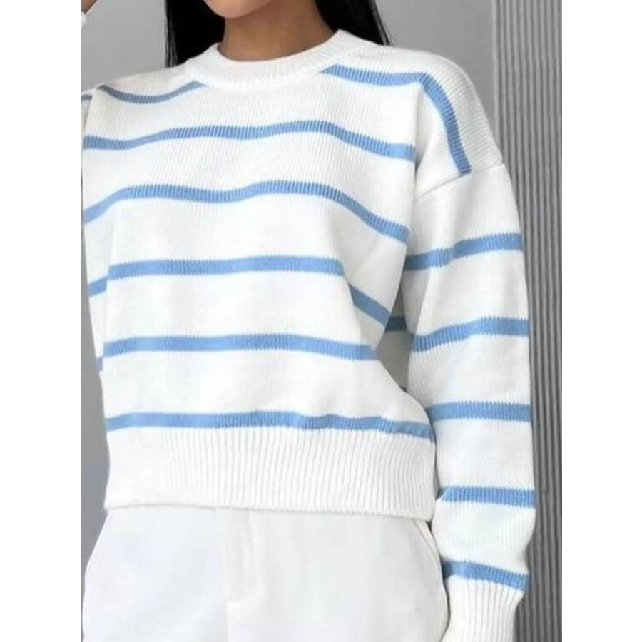 Striped Knit Round Neck Sweater Apparel and Accessories