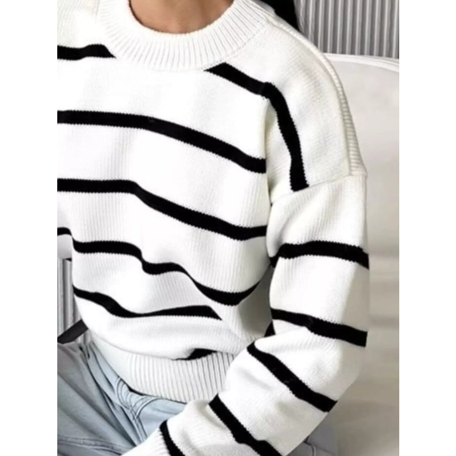 Striped Knit Round Neck Sweater Apparel and Accessories