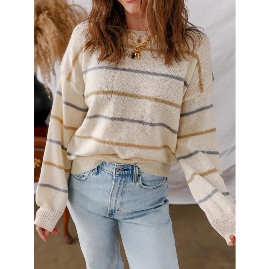 Striped Knit Round Neck Sweater Apparel and Accessories