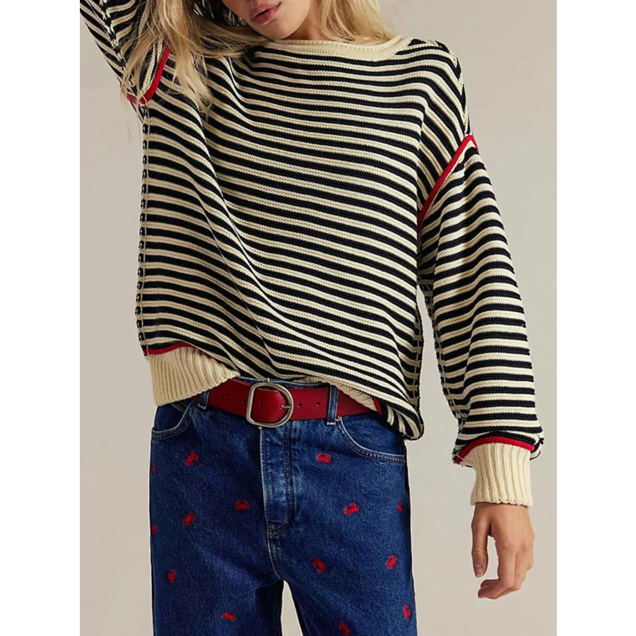 Striped Knit Round Neck Sweater Black / S Apparel and Accessories