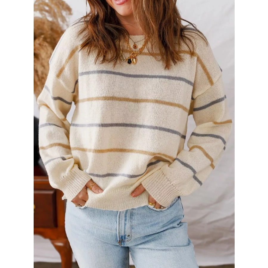 Striped Knit Round Neck Sweater Cream / S Apparel and Accessories