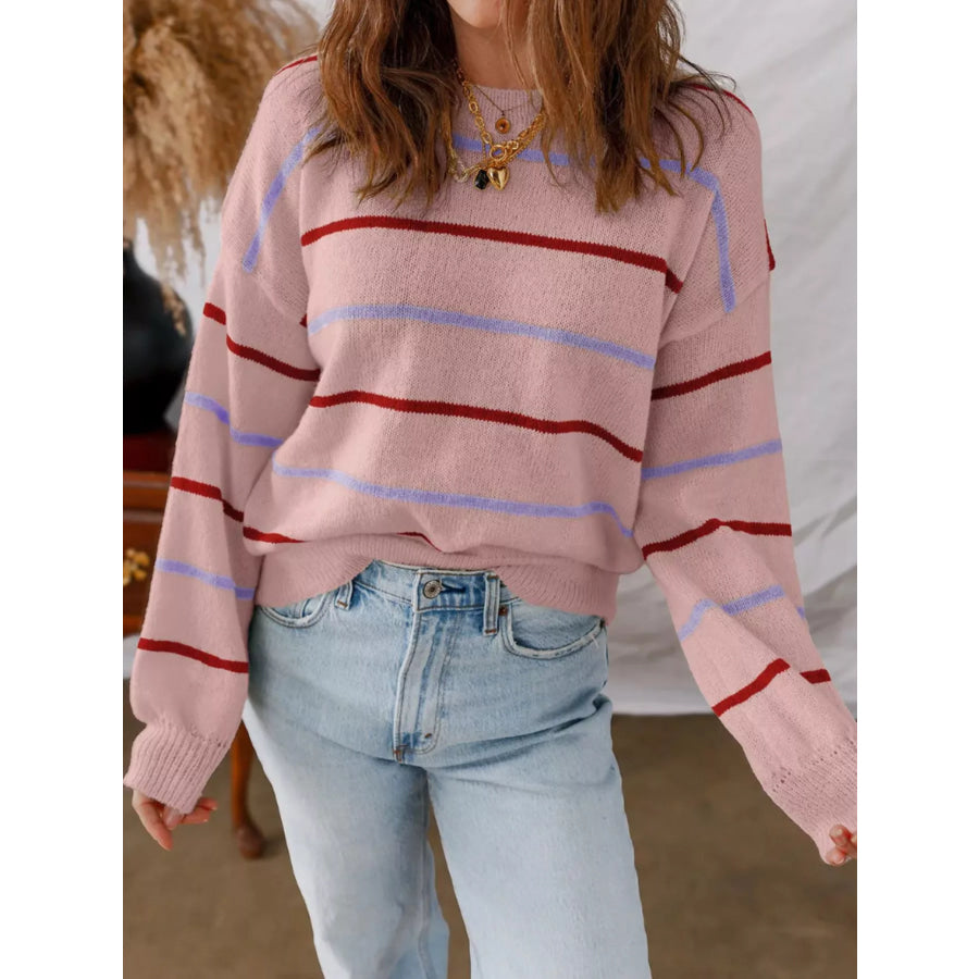 Striped Knit Round Neck Sweater Dusty Pink / S Apparel and Accessories