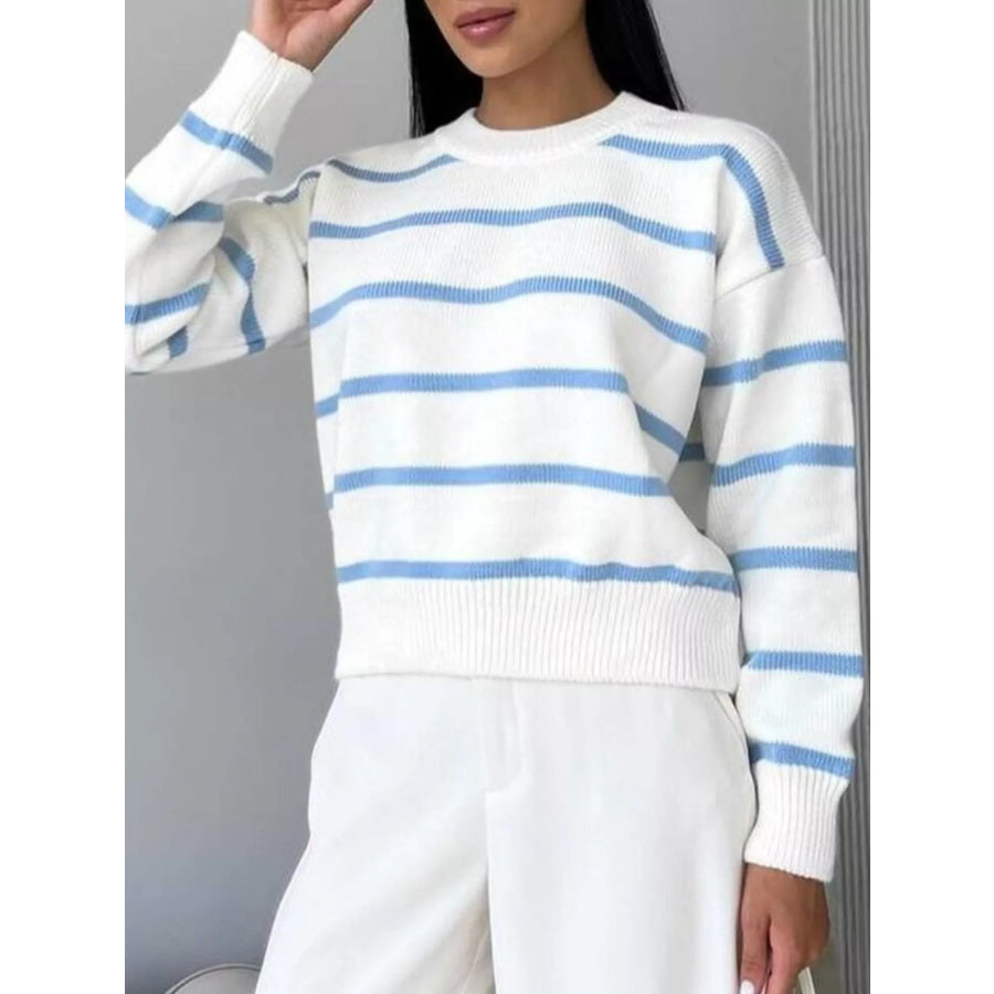 Striped Knit Round Neck Sweater Light Blue / S Apparel and Accessories