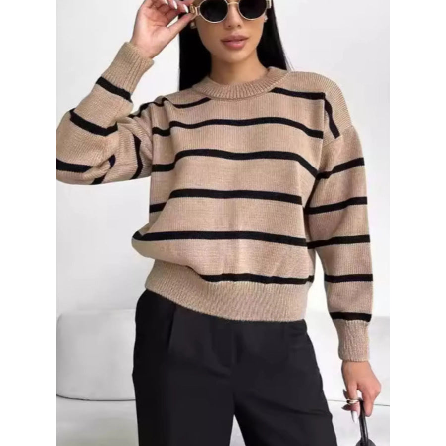 Striped Knit Round Neck Sweater Taupe / S Apparel and Accessories