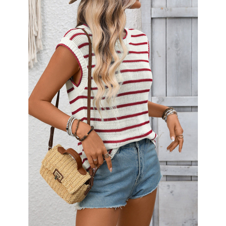Striped Knit Round Neck Sweater Vest Apparel and Accessories