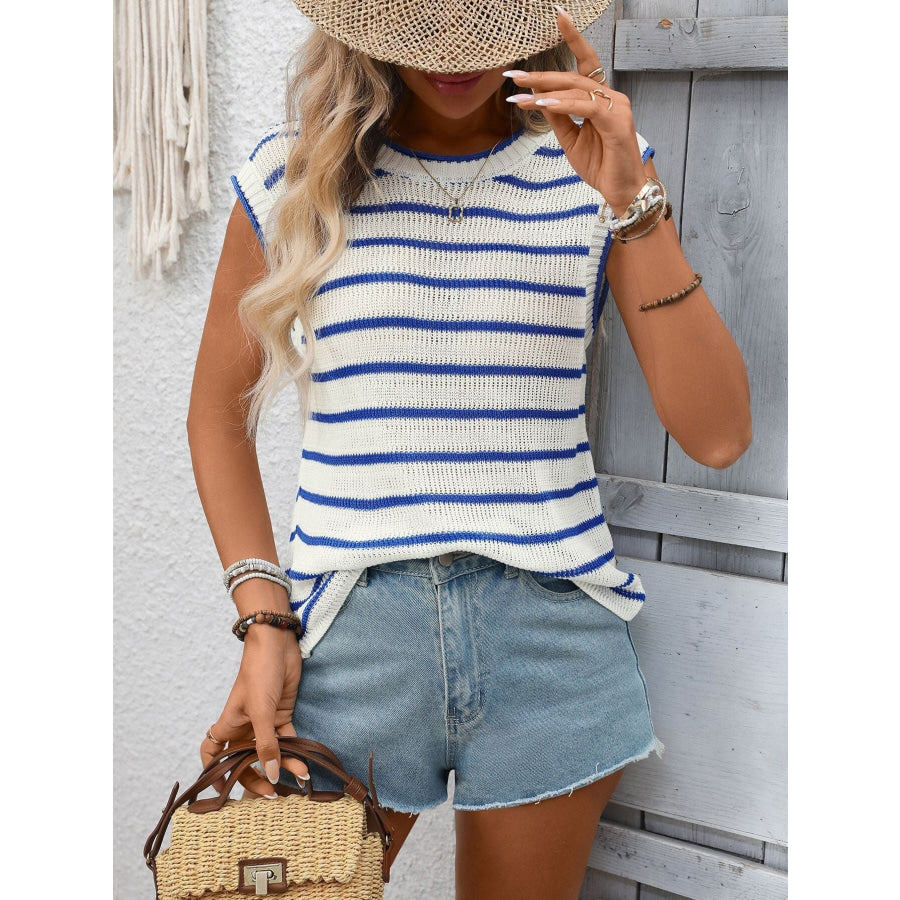 Striped Knit Round Neck Sweater Vest Apparel and Accessories