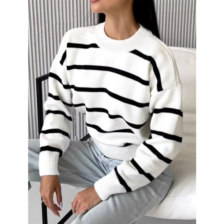 Striped Knit Round Neck Sweater White / S Apparel and Accessories