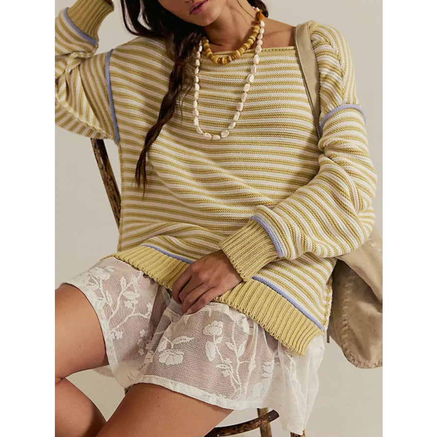 Striped Knit Round Neck Sweater Yellow / S Apparel and Accessories