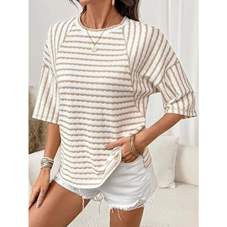 Striped Knit Round Neck T-Shirt Khaki / S Apparel and Accessories