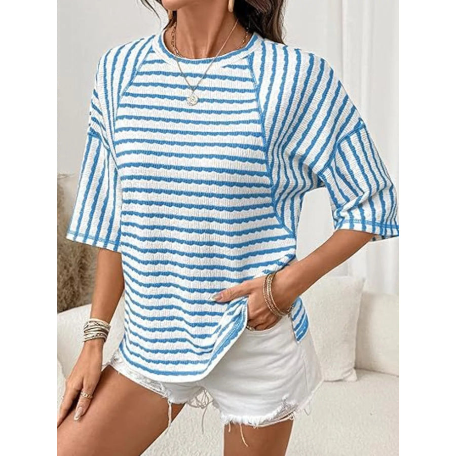 Striped Knit Round Neck T-Shirt Light Blue / S Apparel and Accessories