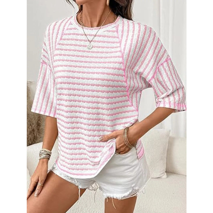 Striped Knit Round Neck T-Shirt Pink / S Apparel and Accessories