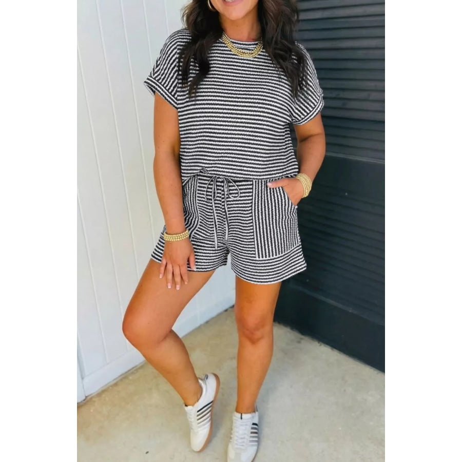 Striped Knit Short Sleeve Tee and Shorts Set Apparel and Accessories