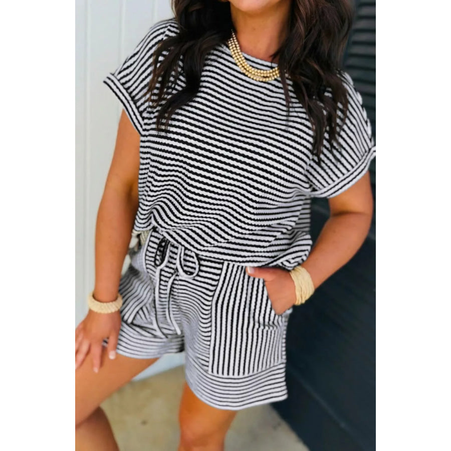 Striped Knit Short Sleeve Tee and Shorts Set Apparel and Accessories