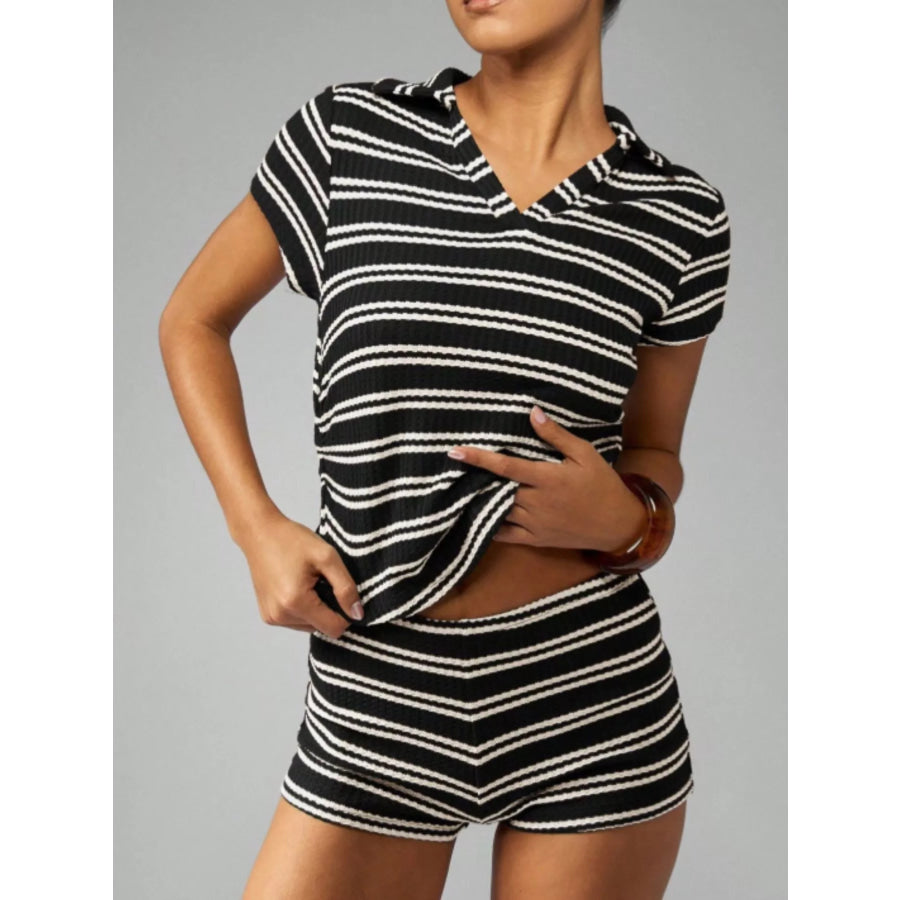 Striped Knit Short Sleeve Top & Shorts Set Black Stripes / S Apparel and Accessories