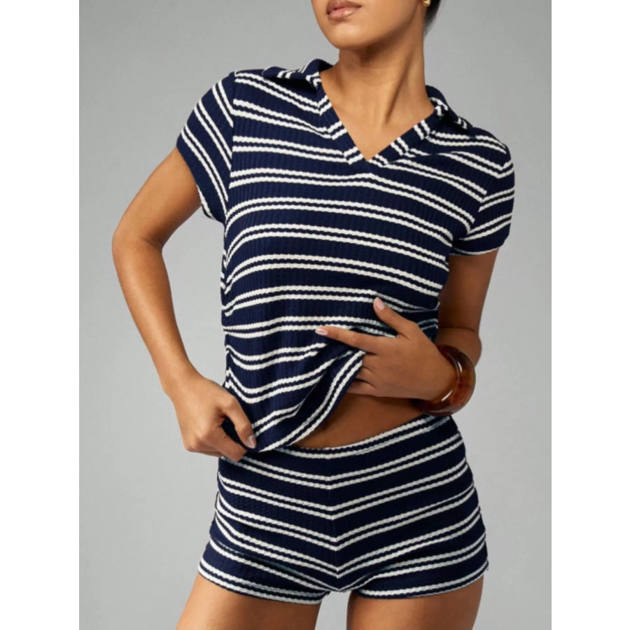 Striped Knit Short Sleeve Top & Shorts Set Blue Stripes / S Apparel and Accessories
