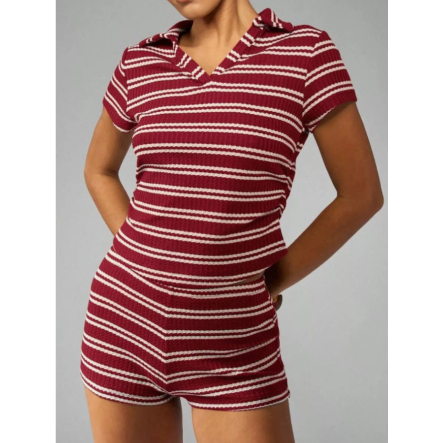 Striped Knit Short Sleeve Top & Shorts Set Burgundy Stripes / S Apparel and Accessories
