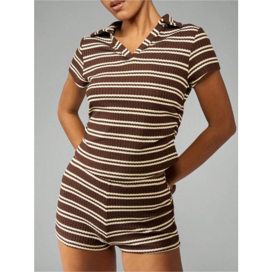 Striped Knit Short Sleeve Top & Shorts Set Coffee Stripes / S Apparel and Accessories