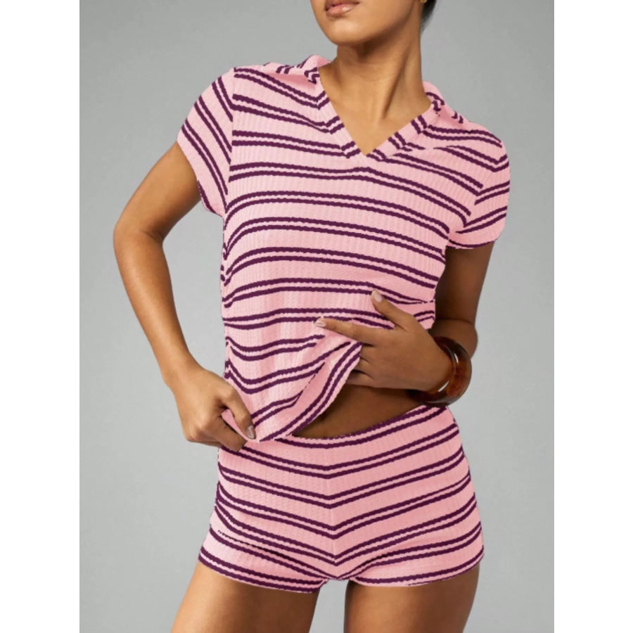 Striped Knit Short Sleeve Top & Shorts Set Pink Stripes / S Apparel and Accessories