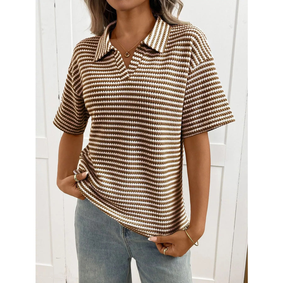 Striped Knit Short Sleeve Top Taupe / S Apparel and Accessories
