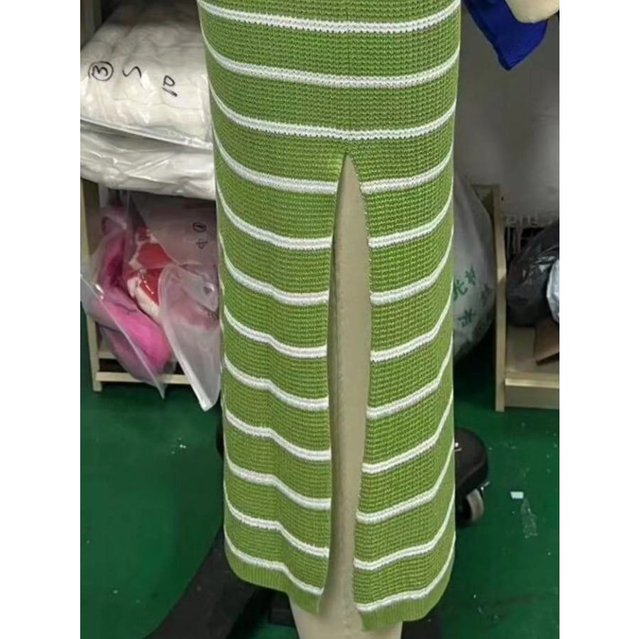 Striped Knit Slit Short Sleeve Midi Dress Apparel and Accessories