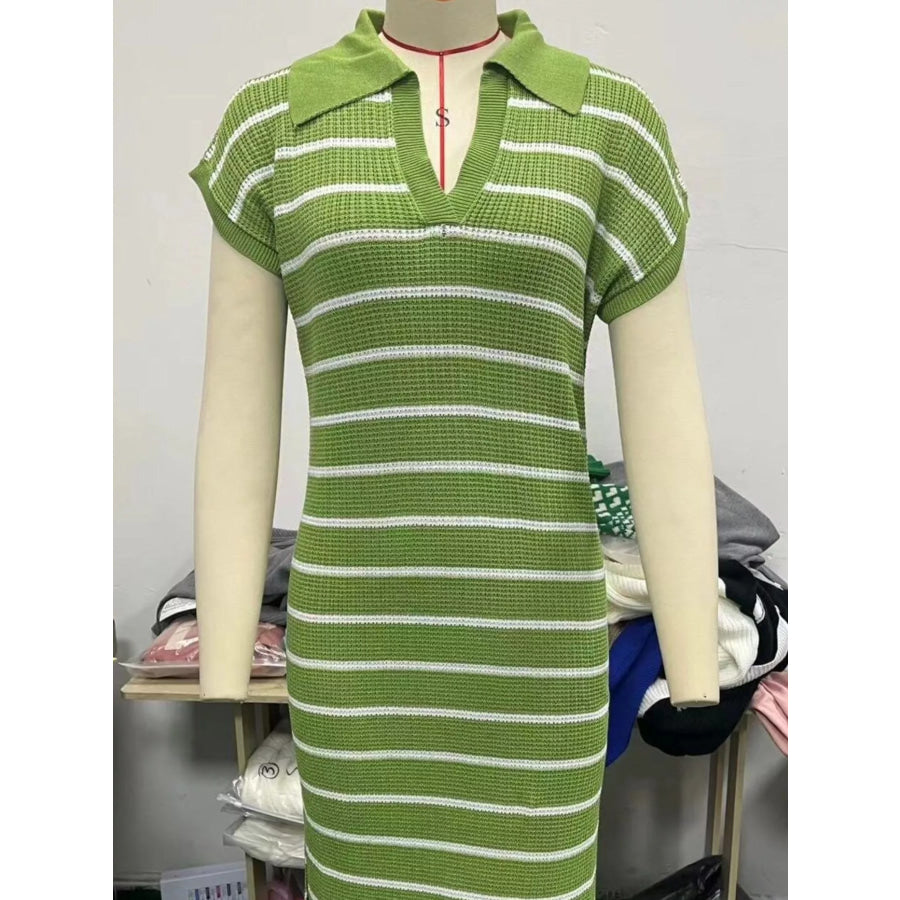 Striped Knit Slit Short Sleeve Midi Dress Apparel and Accessories