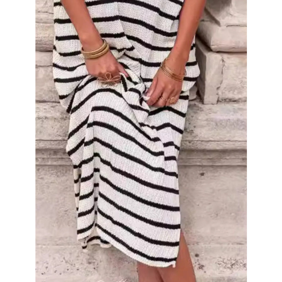 Striped Knit Slit Short Sleeve Midi Dress Apparel and Accessories