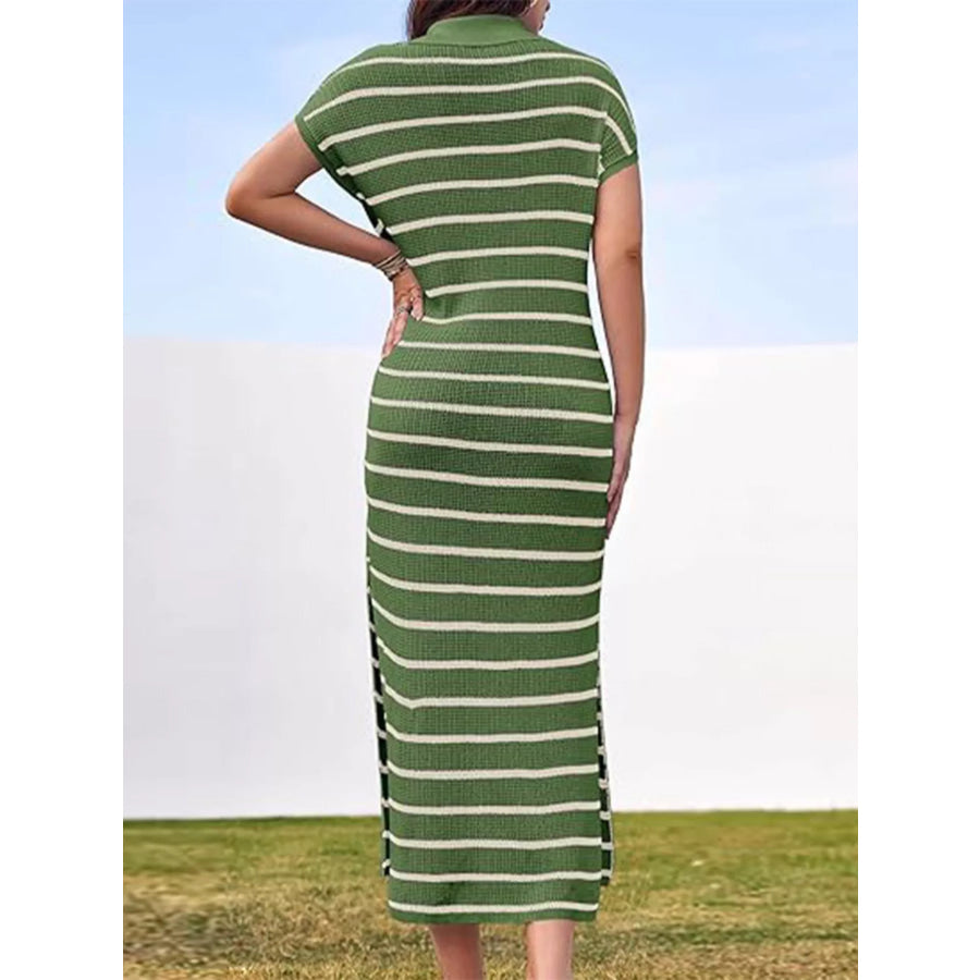 Striped Knit Slit Short Sleeve Midi Dress Apparel and Accessories