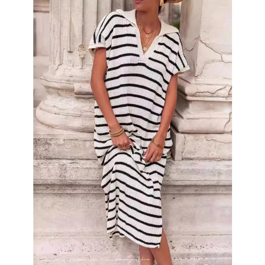 Striped Knit Slit Short Sleeve Midi Dress White / S Apparel and Accessories